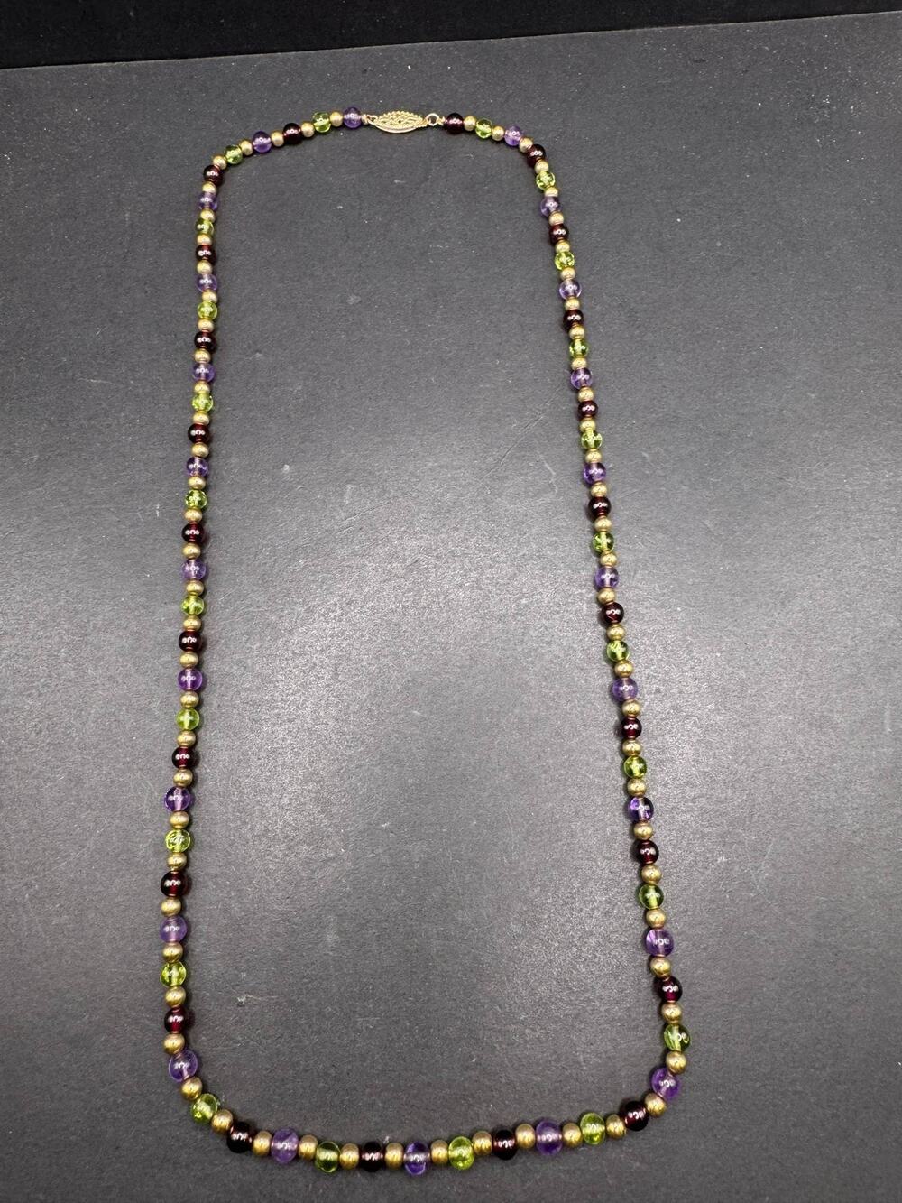 14k Yellow Gold Multi-Gemstone Bead Necklace Amethyst Peridot Garnet 22 Inch